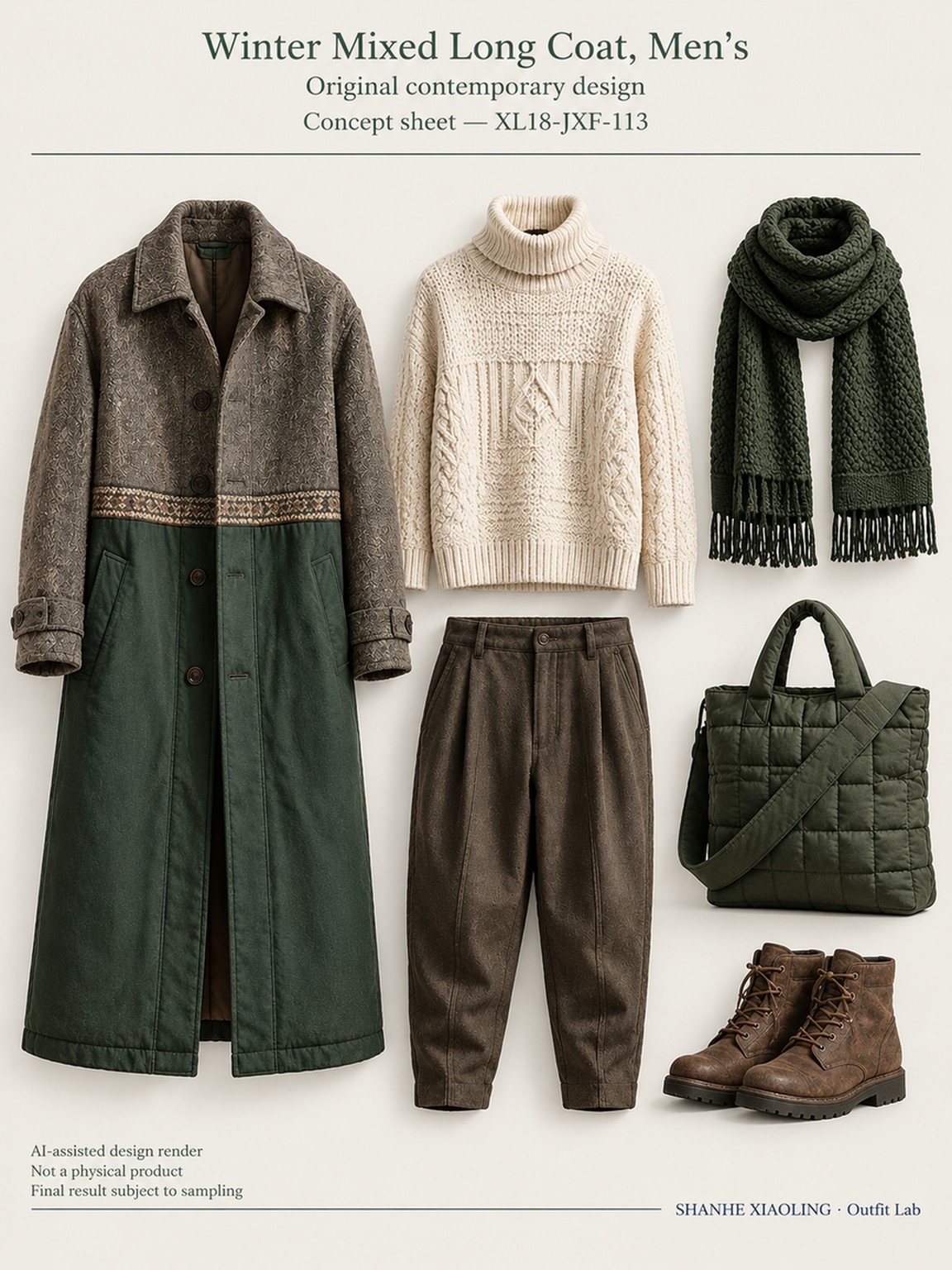 Winter Mixed Long Coat, Men's — Woven · Crochet · Quilted · Mixed — Yarn + cloth · Chunky yarn · Cotton-linen · Wool · Twill · Quilted cotton · Wadding