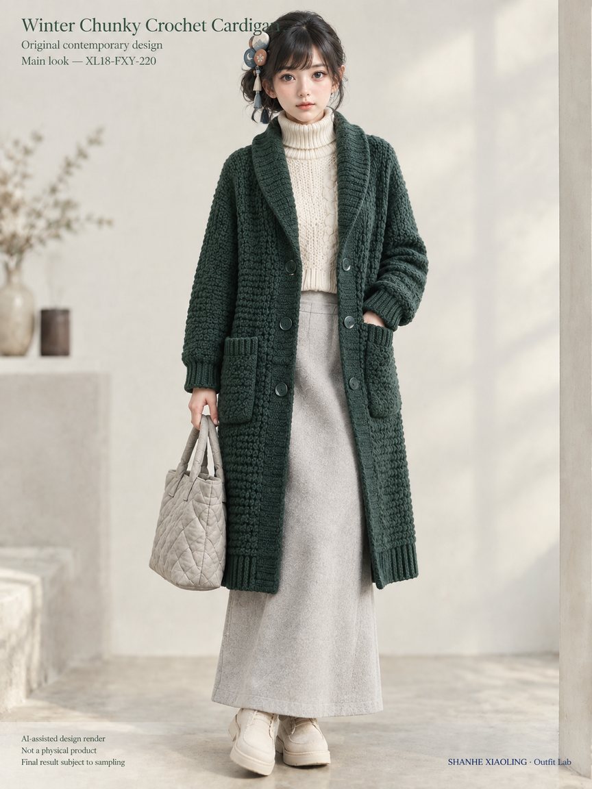 Winter Chunky Crochet Cardigan — Woven · Crochet · Embroidery · Quilted — Chunky yarn · Cotton-linen · Wool · Twill · Embroidery thread · ground cloth · Quilted cotton · Wadding