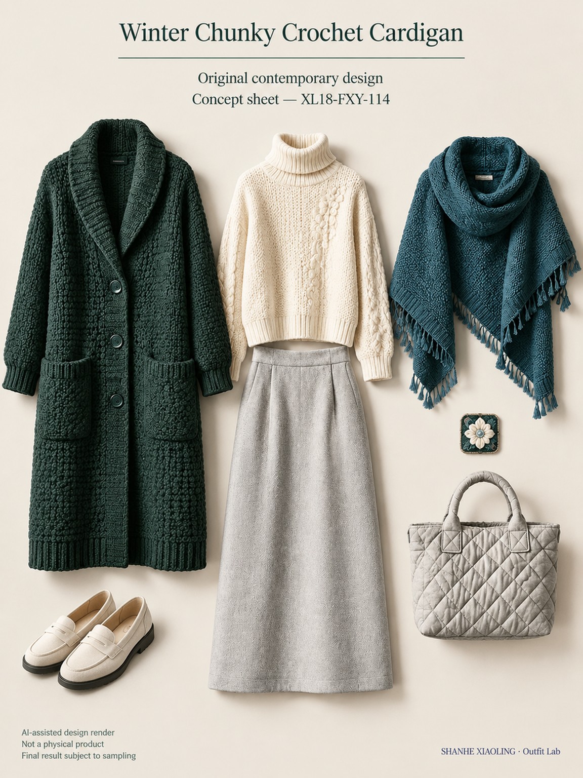 Winter Chunky Crochet Cardigan — Woven · Crochet · Embroidery · Quilted — Chunky yarn · Cotton-linen · Wool · Twill · Embroidery thread · ground cloth · Quilted cotton · Wadding