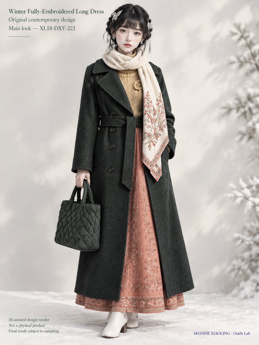 Winter Fully-Embroidered Long Dress — Woven · Crochet · Embroidery · Quilted — Embroidery thread · ground cloth · Cotton-linen · Wool · Twill · Chunky yarn · Quilted cotton · Wadding