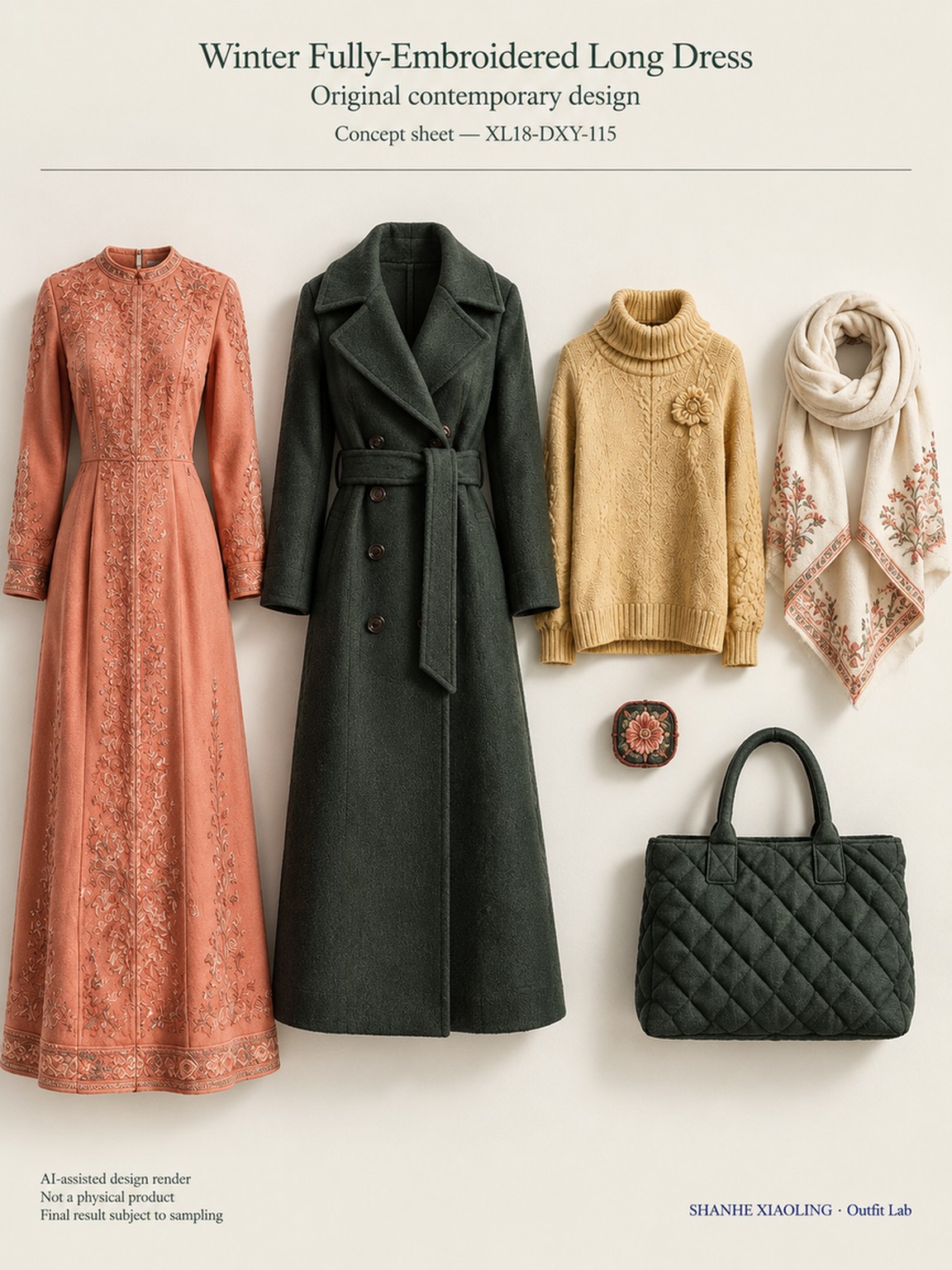 Winter Fully-Embroidered Long Dress — Woven · Crochet · Embroidery · Quilted — Embroidery thread · ground cloth · Cotton-linen · Wool · Twill · Chunky yarn · Quilted cotton · Wadding