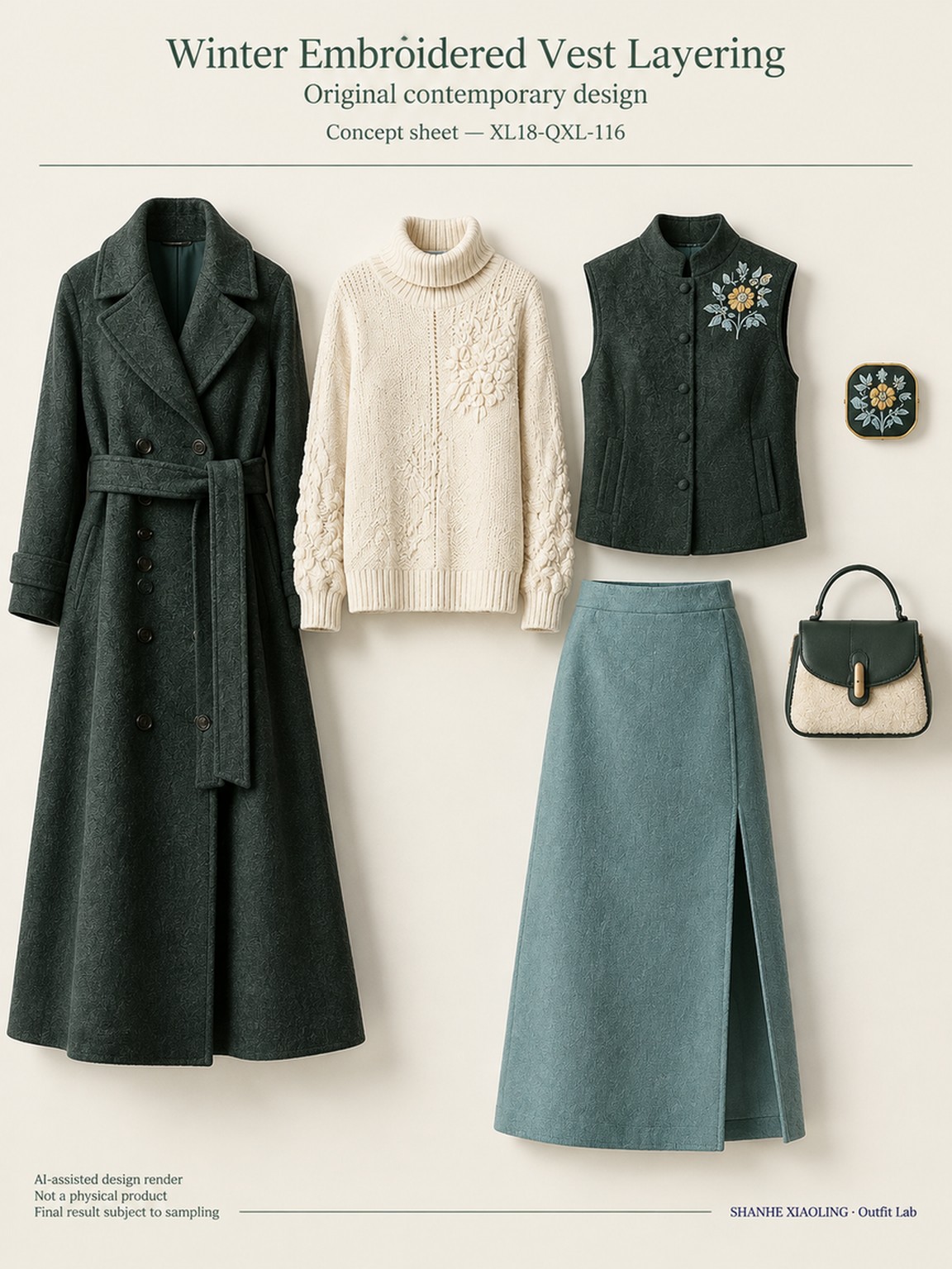 Winter Embroidered Vest Layering — Woven · Crochet · Embroidery · Mixed — Embroidery thread · ground cloth · Chunky yarn · Cotton-linen · Wool · Twill · Yarn + cloth