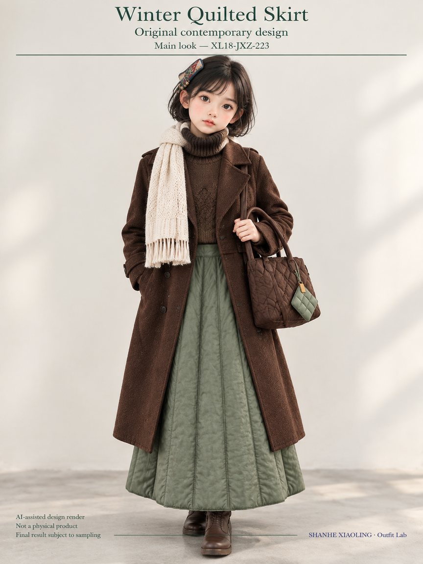 Winter Quilted Skirt — Woven · Crochet · Quilted — Quilted cotton · Wadding · Chunky yarn · Cotton-linen · Wool · Twill