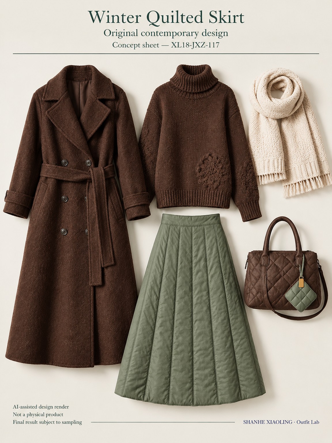 Winter Quilted Skirt — Woven · Crochet · Quilted — Quilted cotton · Wadding · Chunky yarn · Cotton-linen · Wool · Twill