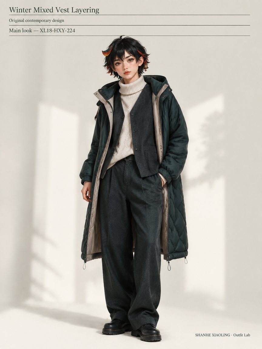 Winter Mixed Vest Layering — Woven · Crochet · Quilted · Mixed — Yarn + cloth · Chunky yarn · Cotton-linen · Wool · Twill · Quilted cotton · Wadding