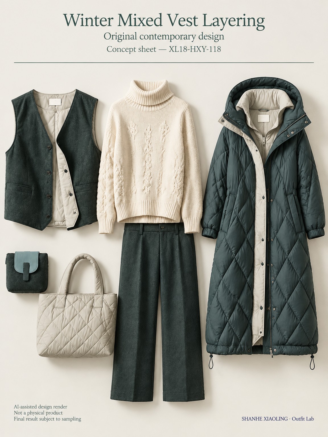 Winter Mixed Vest Layering — Woven · Crochet · Quilted · Mixed — Yarn + cloth · Chunky yarn · Cotton-linen · Wool · Twill · Quilted cotton · Wadding