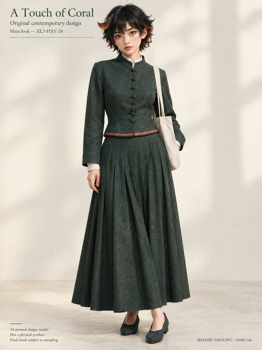 A Touch of Coral — Woven · Lace/Gauze · Embroidery — Cotton-linen · Wool · Twill · Lace · Gauze · Embroidery thread · ground cloth