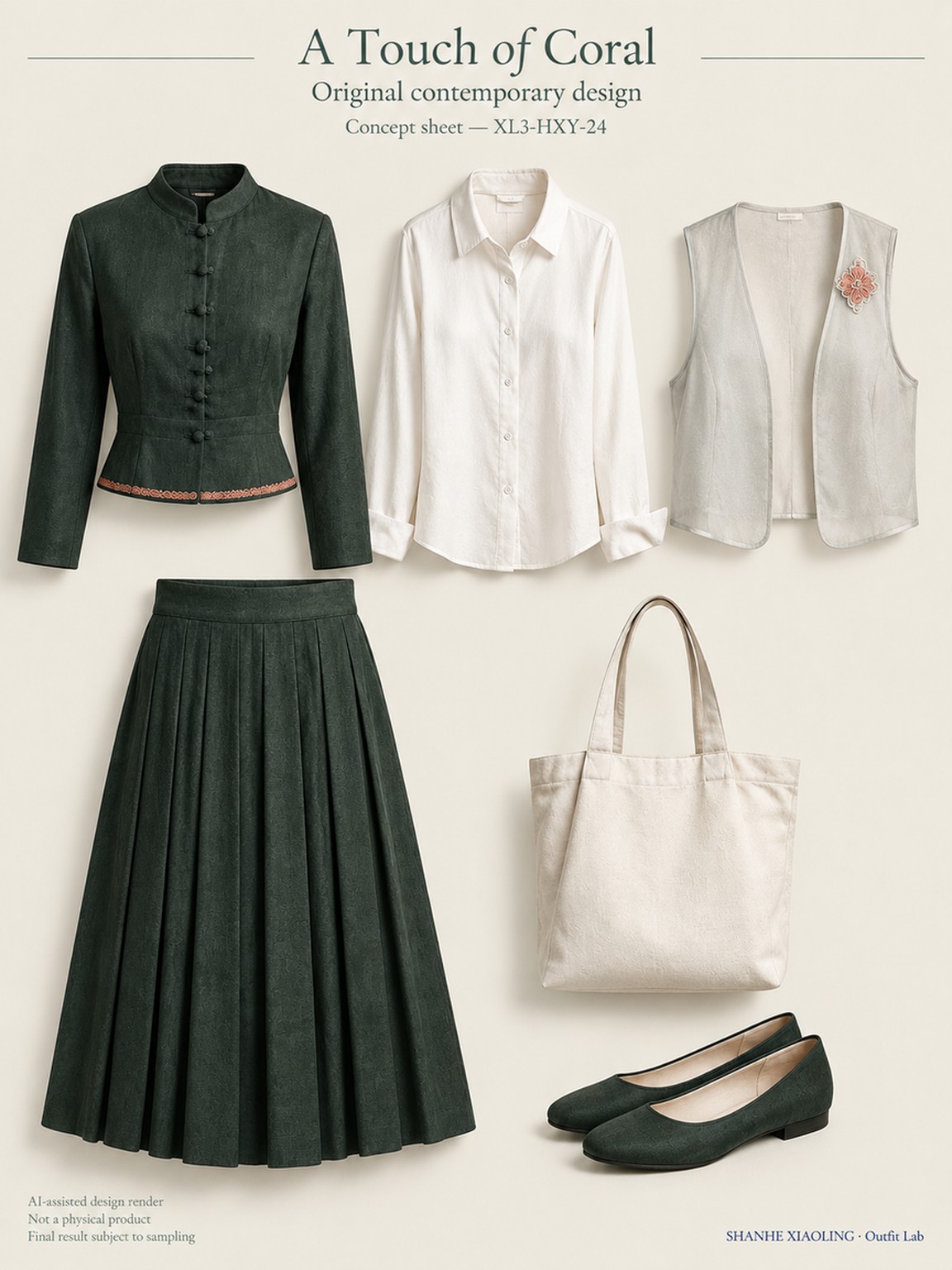 A Touch of Coral — Woven · Lace/Gauze · Embroidery — Cotton-linen · Wool · Twill · Lace · Gauze · Embroidery thread · ground cloth
