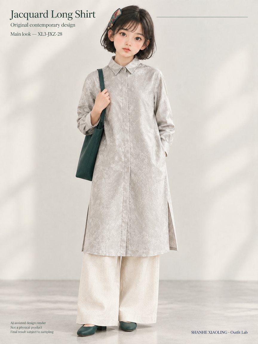 Jacquard Long Shirt — Woven · Embroidery · Mixed — Embroidery thread · ground cloth · Cotton-linen · Wool · Twill · Yarn + cloth