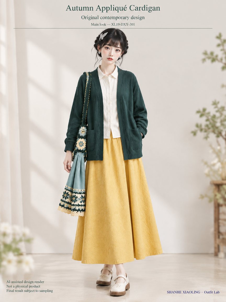 Autumn Appliqué Cardigan — Woven · Embroidery · Mixed — Cotton-linen · Wool · Twill · Yarn + cloth · Embroidery thread · ground cloth