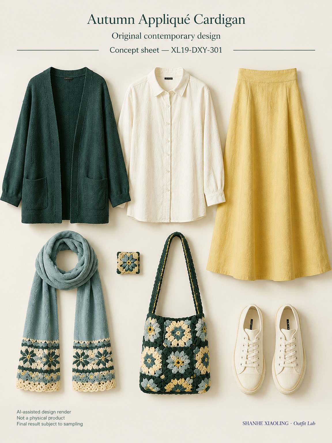 Autumn Appliqué Cardigan — Woven · Embroidery · Mixed — Cotton-linen · Wool · Twill · Yarn + cloth · Embroidery thread · ground cloth