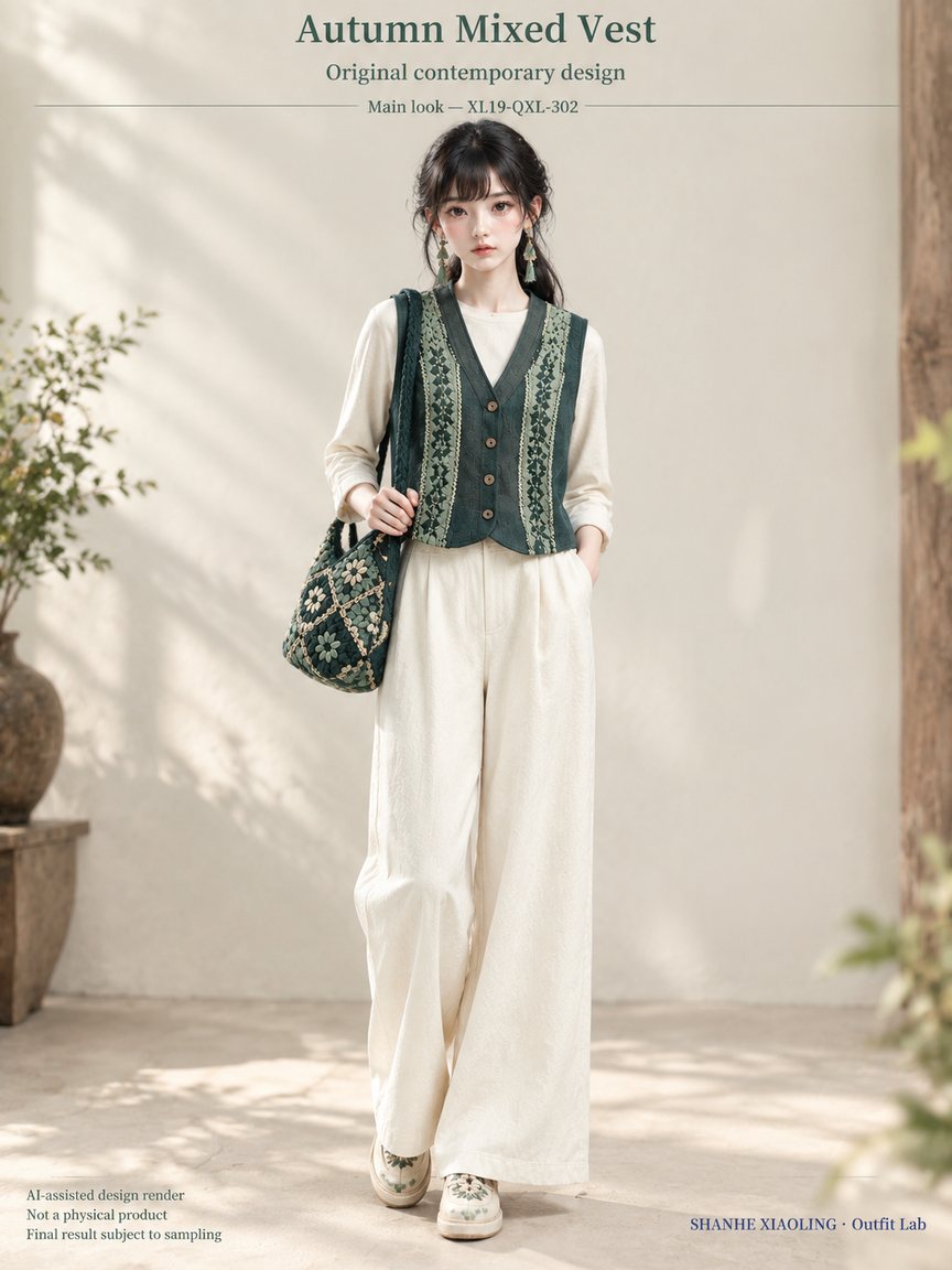 Autumn Mixed Vest — Woven · Mixed — Yarn + cloth · Cotton-linen · Wool · Twill