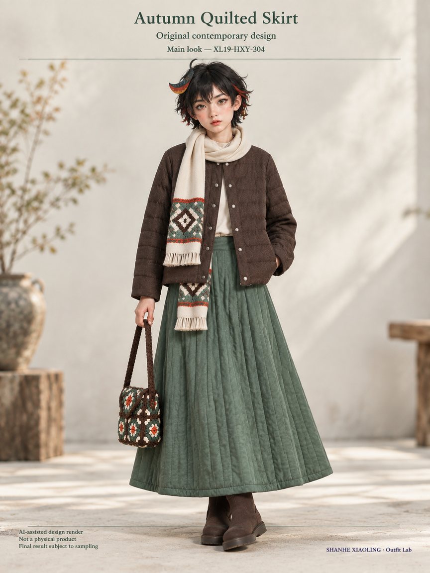 Autumn Quilted Skirt — Woven · Embroidery · Quilted · Mixed — Quilted cotton · Wadding · Cotton-linen · Wool · Twill · Yarn + cloth · Embroidery thread · ground cloth