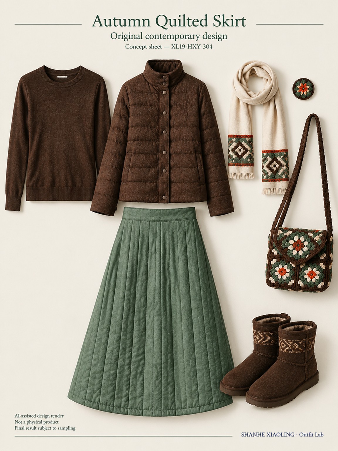 Autumn Quilted Skirt — Woven · Embroidery · Quilted · Mixed — Quilted cotton · Wadding · Cotton-linen · Wool · Twill · Yarn + cloth · Embroidery thread · ground cloth