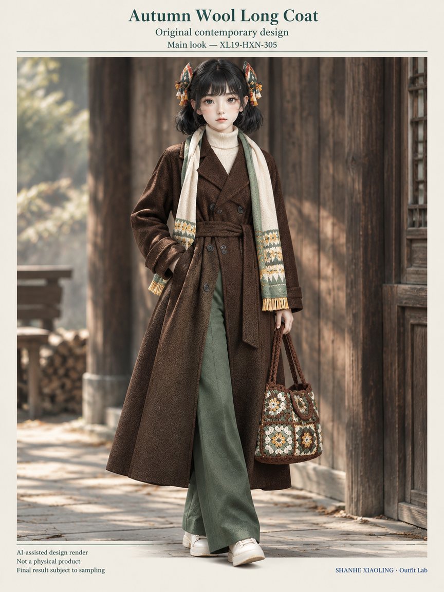 Autumn Wool Long Coat — Woven · Quilted · Mixed — Cotton-linen · Wool · Twill · Yarn + cloth · Quilted cotton · Wadding