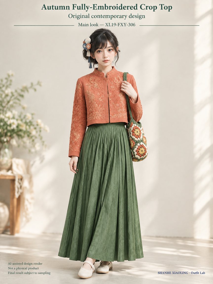 Autumn Embroidered Crop Top with Lace — Woven · Lace/Gauze · Embroidery — Embroidery thread · ground cloth · Cotton-linen · Wool · Twill · Lace · Gauze