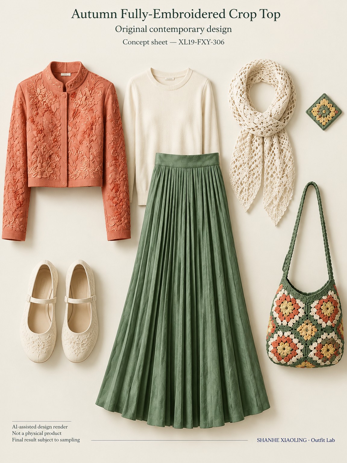 Autumn Embroidered Crop Top with Lace — Woven · Lace/Gauze · Embroidery — Embroidery thread · ground cloth · Cotton-linen · Wool · Twill · Lace · Gauze