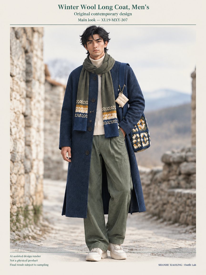 Winter Wool Long Coat, Men's — Woven · Quilted · Mixed — Cotton-linen · Wool · Twill · Yarn + cloth · Quilted cotton · Wadding