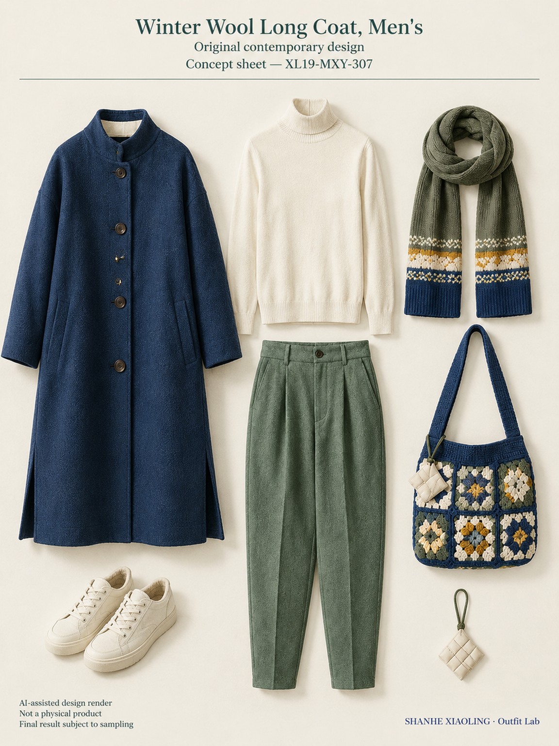 Winter Wool Long Coat, Men's — Woven · Quilted · Mixed — Cotton-linen · Wool · Twill · Yarn + cloth · Quilted cotton · Wadding