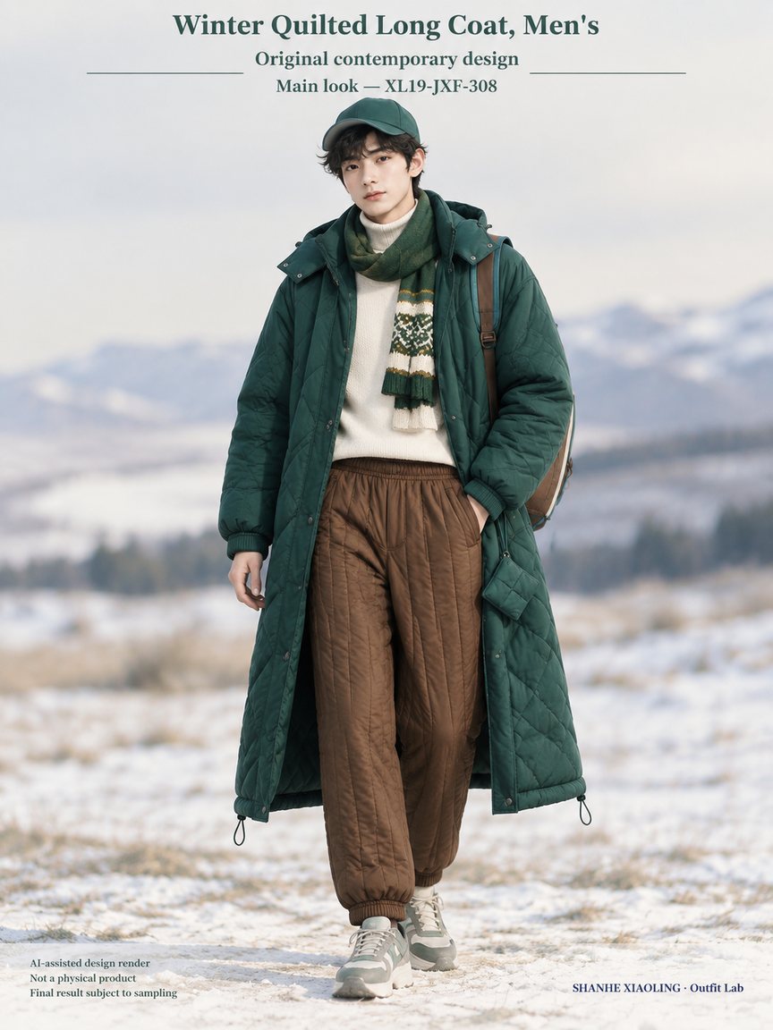 Winter Quilted Long Coat, Men's — Woven · Quilted · Mixed — Quilted cotton · Wadding · Cotton-linen · Wool · Twill · Yarn + cloth