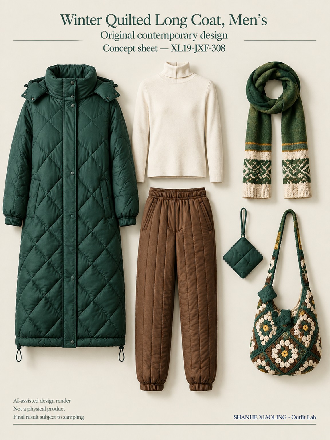 Winter Quilted Long Coat, Men's — Woven · Quilted · Mixed — Quilted cotton · Wadding · Cotton-linen · Wool · Twill · Yarn + cloth