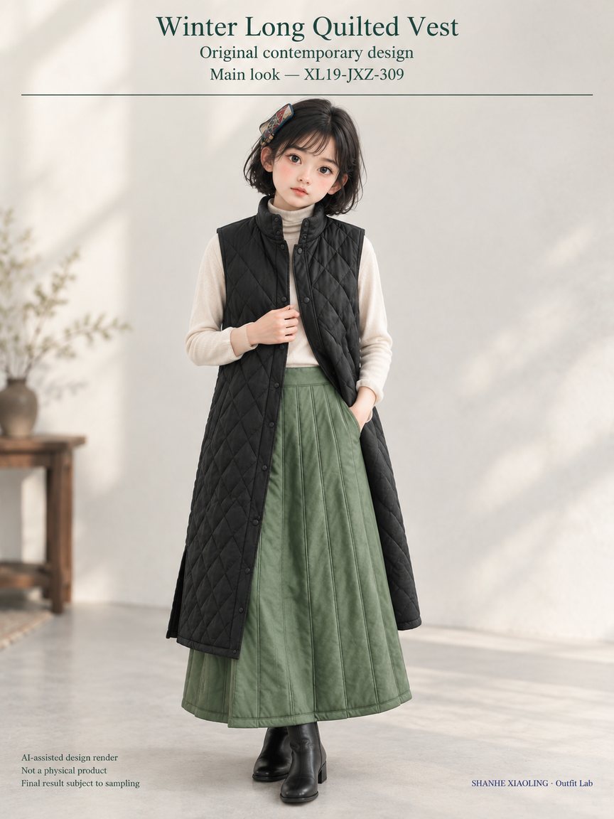 Winter Quilted Vest with Embroidery — Woven · Embroidery · Quilted — Quilted cotton · Wadding · Cotton-linen · Wool · Twill · Embroidery thread · ground cloth