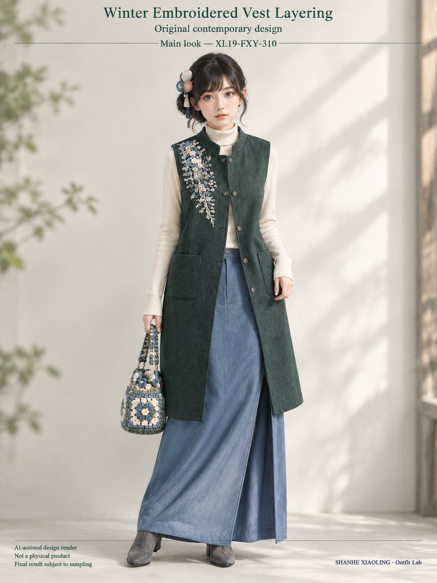 Winter Embroidered Vest, Simple Layer — Woven · Embroidery — Embroidery thread · ground cloth · Cotton-linen · Wool · Twill