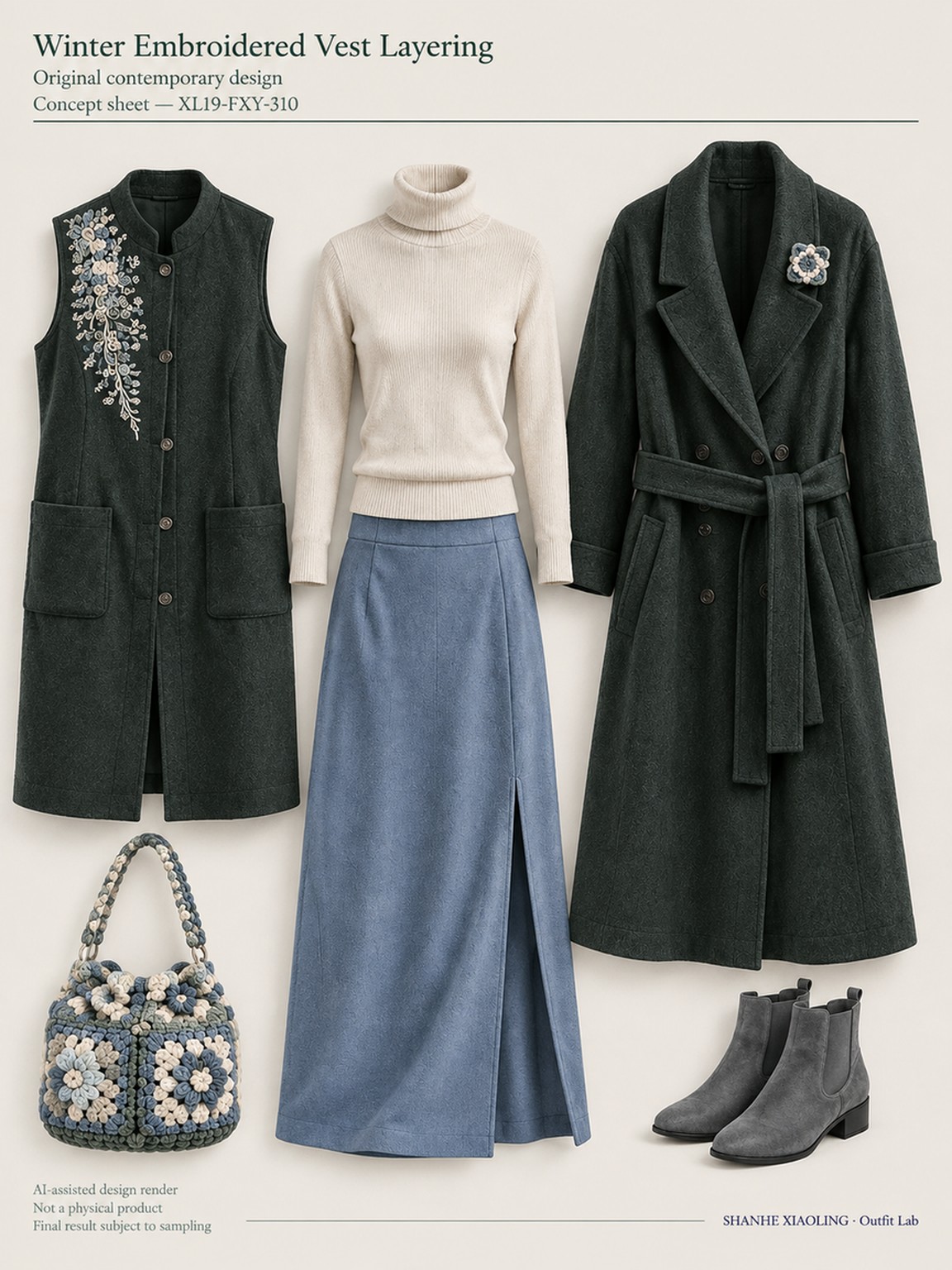Winter Embroidered Vest, Simple Layer — Woven · Embroidery — Embroidery thread · ground cloth · Cotton-linen · Wool · Twill