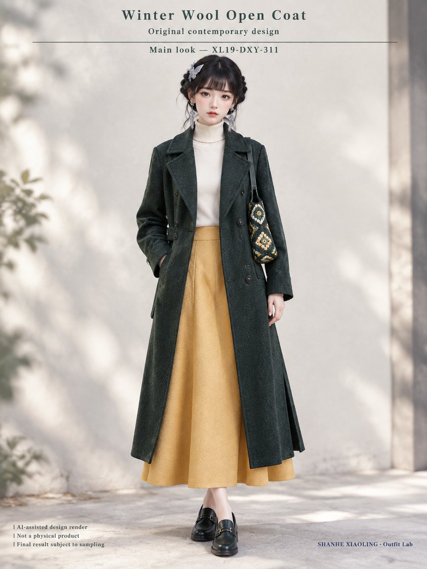 Winter Wool Open Coat — Woven · Mixed — Cotton-linen · Wool · Twill · Yarn + cloth