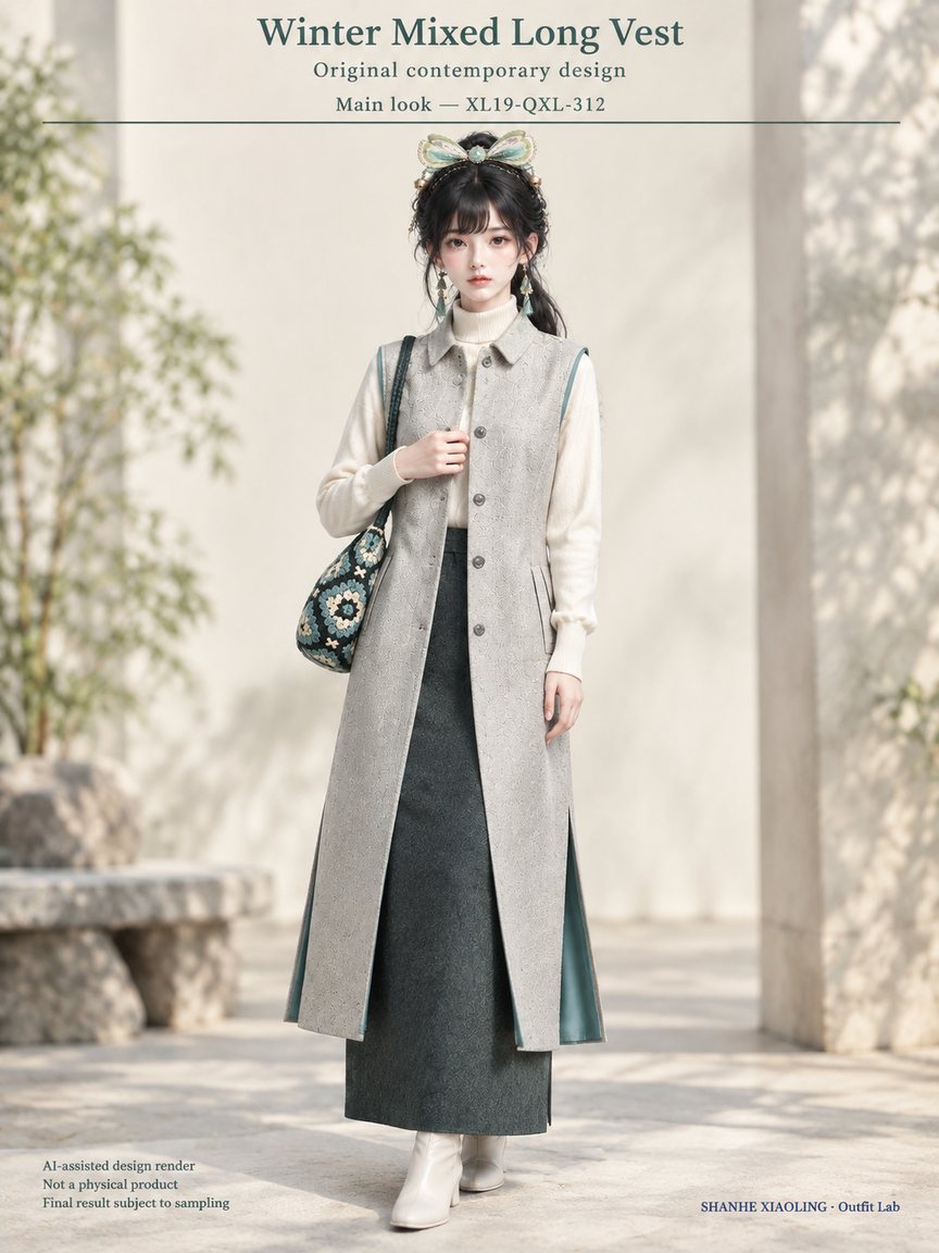 Winter Mixed Long Vest — Woven · Embroidery · Mixed — Yarn + cloth · Cotton-linen · Wool · Twill · Embroidery thread · ground cloth
