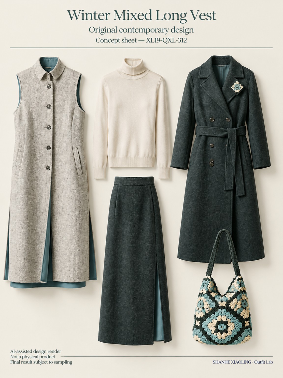 Winter Mixed Long Vest — Woven · Embroidery · Mixed — Yarn + cloth · Cotton-linen · Wool · Twill · Embroidery thread · ground cloth