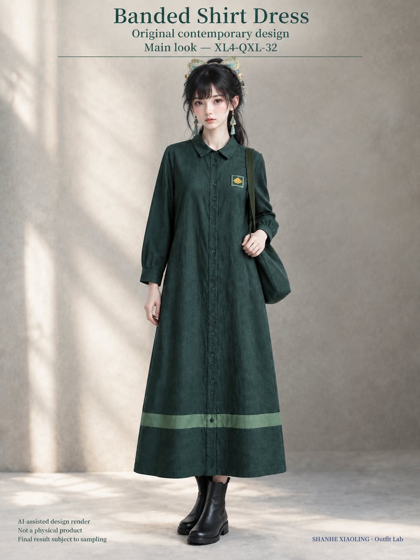 Banded Shirt Dress — Woven · Embroidery — Cotton-linen · Wool · Twill · Embroidery thread · ground cloth