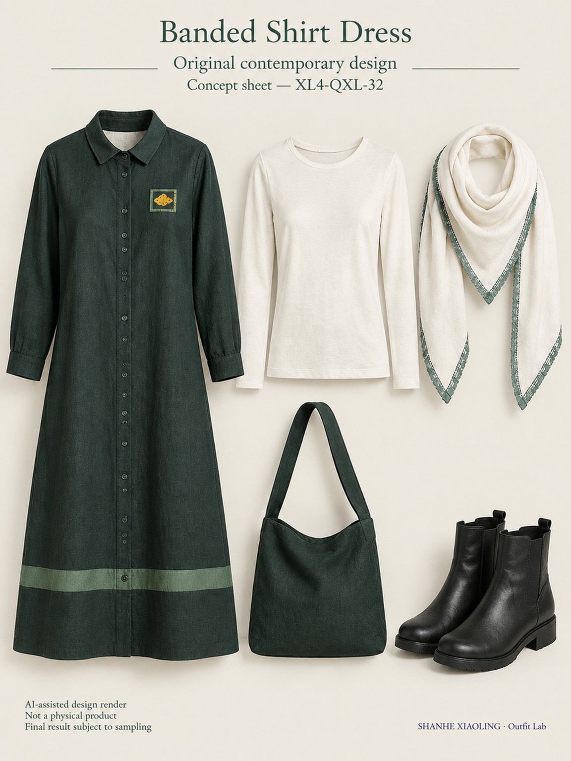 Banded Shirt Dress — Woven · Embroidery — Cotton-linen · Wool · Twill · Embroidery thread · ground cloth
