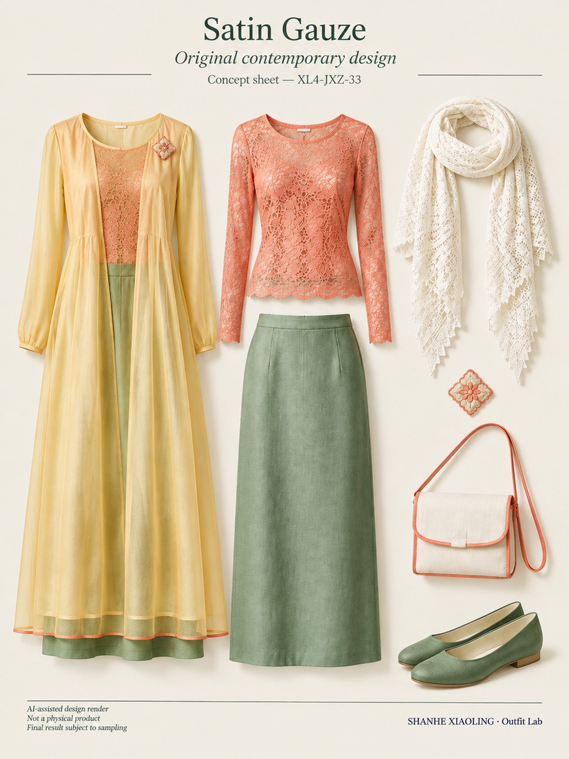 Satin Gauze — Woven · Lace/Gauze · Embroidery · Mixed — Lace · Gauze · Cotton-linen · Wool · Twill · Embroidery thread · ground cloth · Yarn + cloth