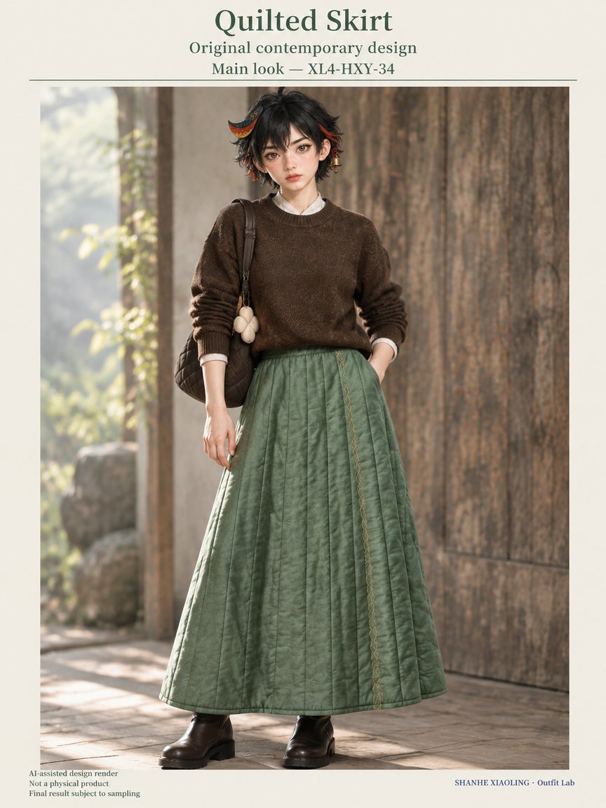 Quilted Skirt — Woven · Quilted · Mixed — Cotton-linen · Wool · Twill · Quilted cotton · Wadding · Yarn + cloth
