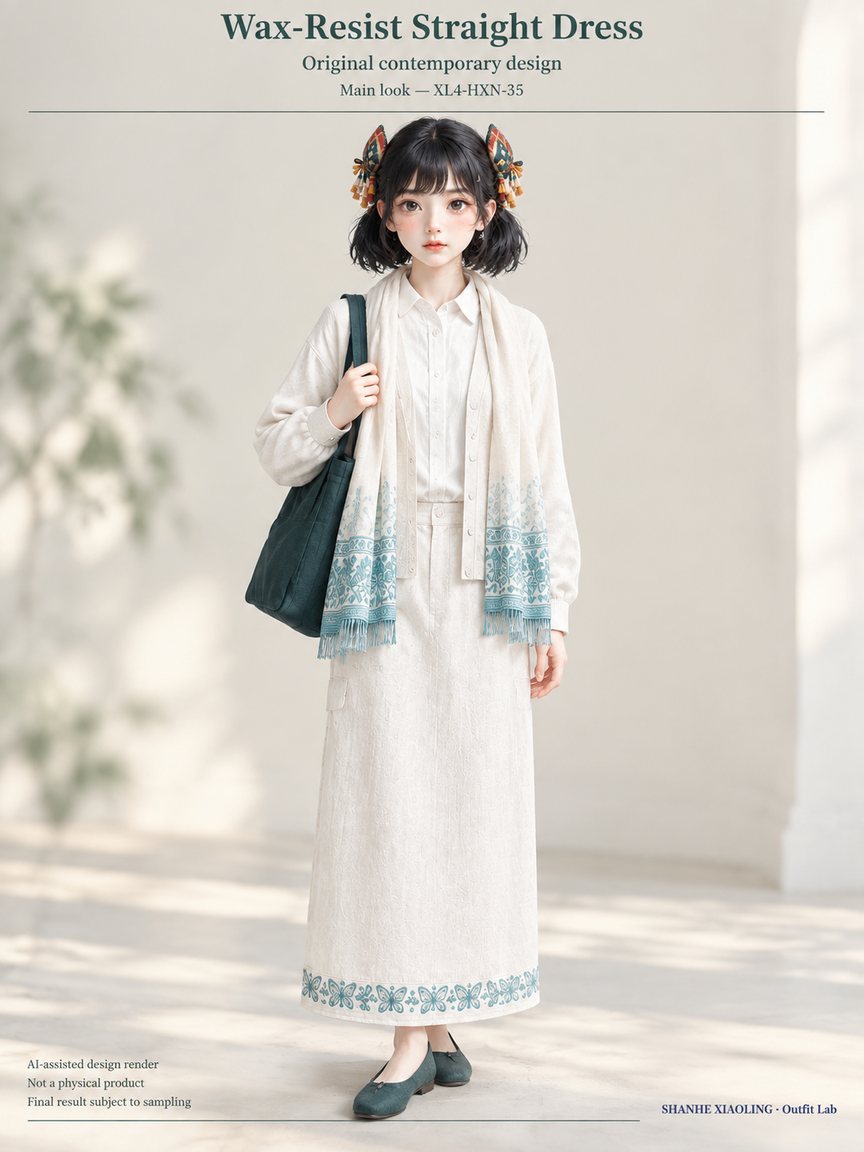 Wax-Resist Straight Dress — Woven · Lace/Gauze · Embroidery · Mixed — Cotton-linen · Wool · Twill · Embroidery thread · ground cloth · Lace · Gauze · Yarn + cloth