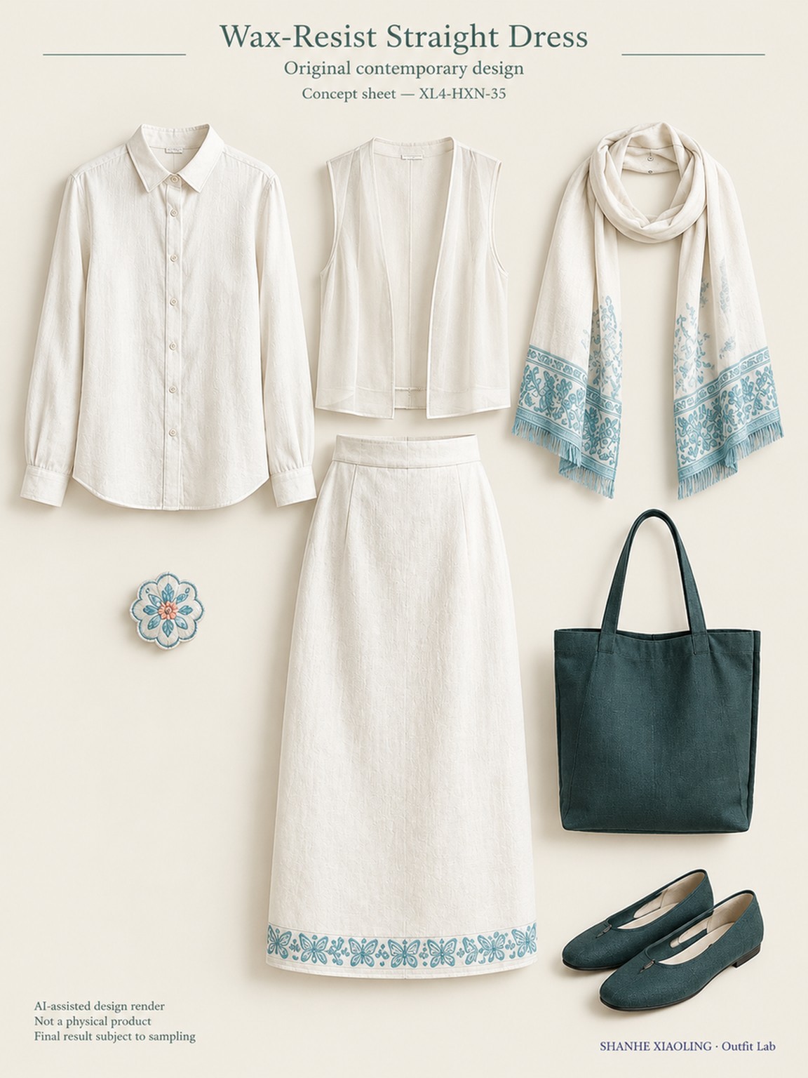 Wax-Resist Straight Dress — Woven · Lace/Gauze · Embroidery · Mixed — Cotton-linen · Wool · Twill · Embroidery thread · ground cloth · Lace · Gauze · Yarn + cloth