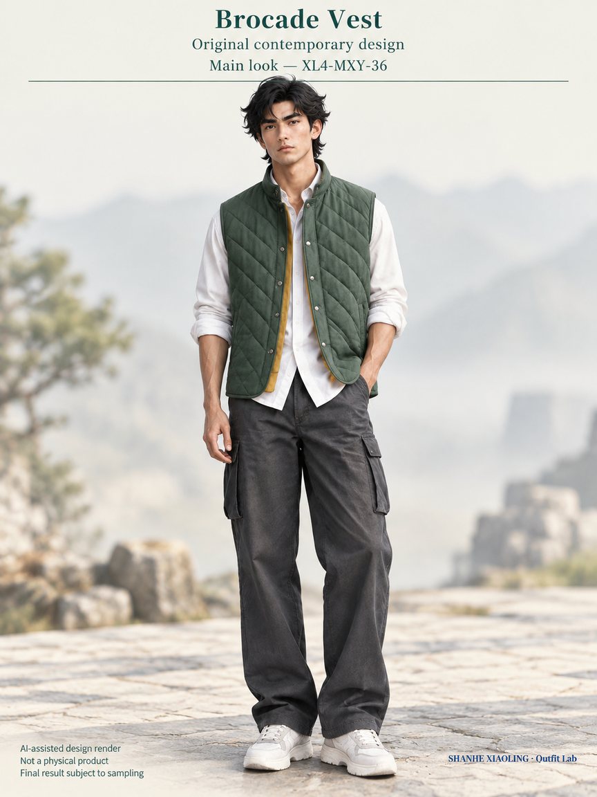 Brocade Vest — Woven · Quilted · Mixed — Quilted cotton · Wadding · Cotton-linen · Wool · Twill · Yarn + cloth