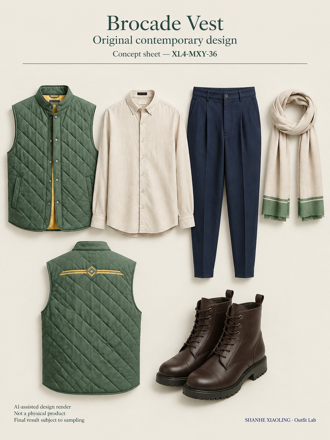 Brocade Vest — Woven · Quilted · Mixed — Quilted cotton · Wadding · Cotton-linen · Wool · Twill · Yarn + cloth