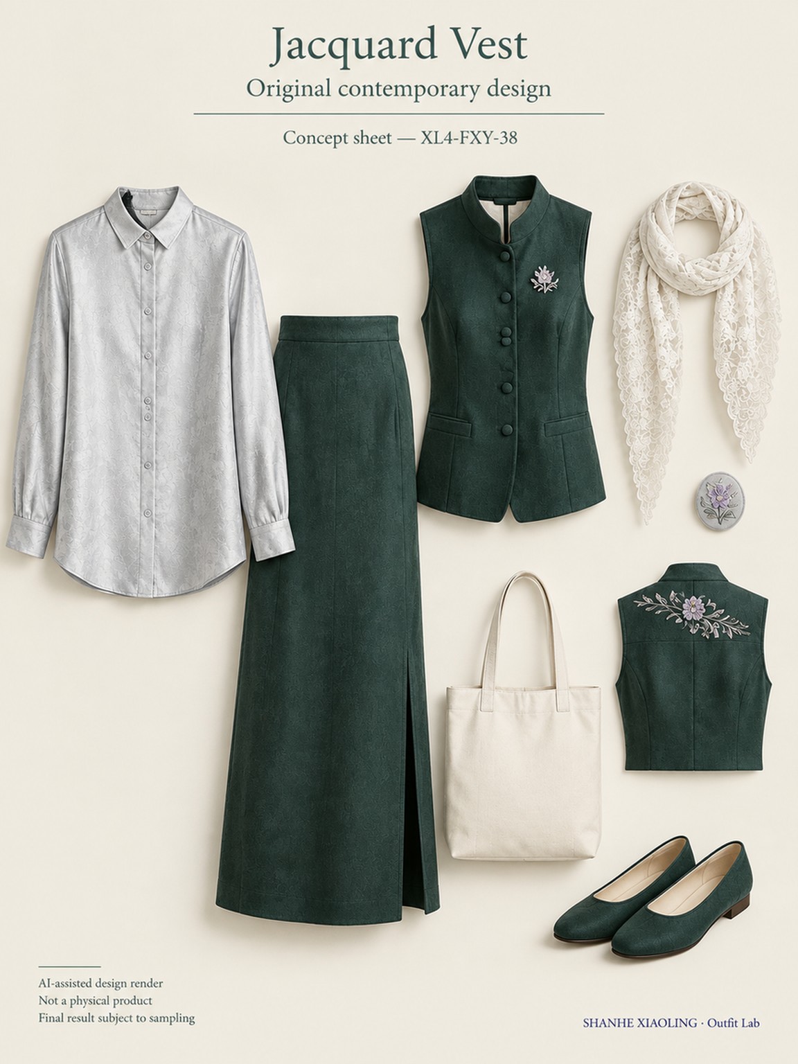 Jacquard Vest — Woven · Lace/Gauze · Embroidery — Cotton-linen · Wool · Twill · Embroidery thread · ground cloth · Lace · Gauze