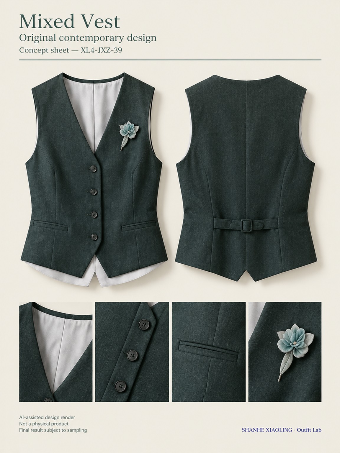 Mixed Vest — Woven · Quilted · Mixed — Cotton-linen · Wool · Twill · Yarn + cloth · Quilted cotton · Wadding