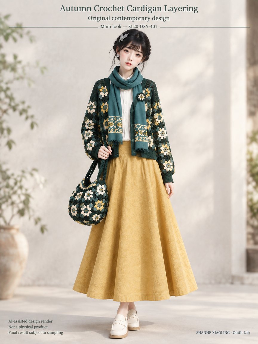 Autumn Crochet Cardigan Layering — Woven · Embroidery · Mixed — Cotton-linen · Wool · Twill · Yarn + cloth · Embroidery thread · ground cloth