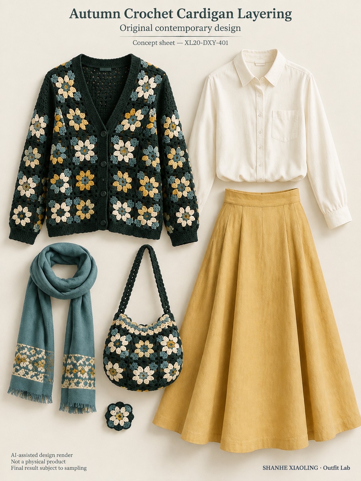 Autumn Crochet Cardigan Layering — Woven · Embroidery · Mixed — Cotton-linen · Wool · Twill · Yarn + cloth · Embroidery thread · ground cloth