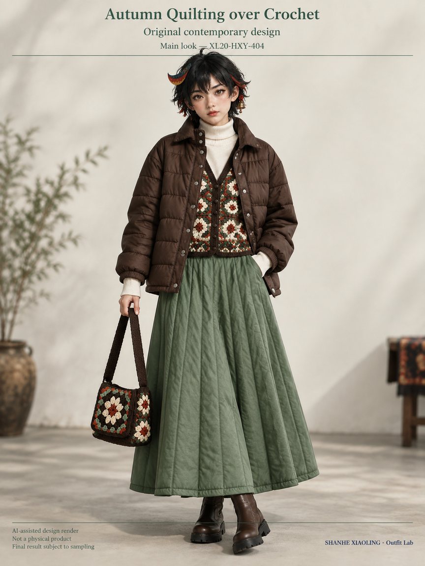 Autumn Quilting over Crochet — Woven · Embroidery · Quilted — Cotton-linen · Wool · Twill · Quilted cotton · Wadding · Embroidery thread · ground cloth