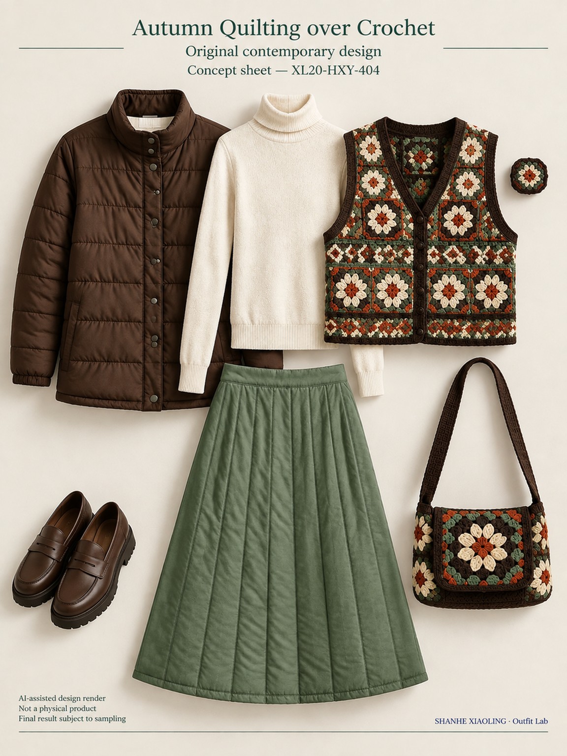Autumn Quilting over Crochet — Woven · Embroidery · Quilted — Cotton-linen · Wool · Twill · Quilted cotton · Wadding · Embroidery thread · ground cloth