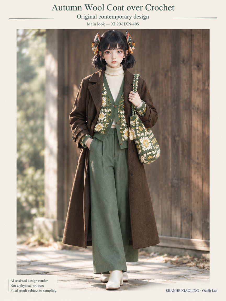 Autumn Wool Coat over Crochet — Woven · Quilted — Cotton-linen · Wool · Twill · Quilted cotton · Wadding