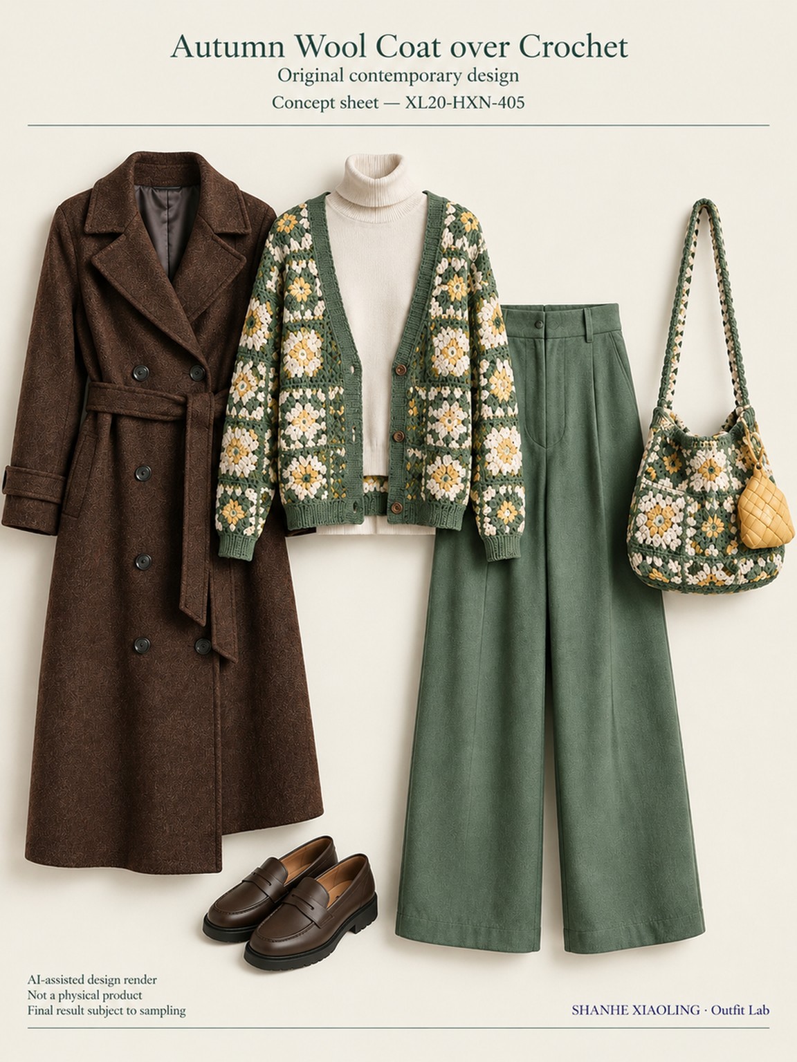 Autumn Wool Coat over Crochet — Woven · Quilted — Cotton-linen · Wool · Twill · Quilted cotton · Wadding