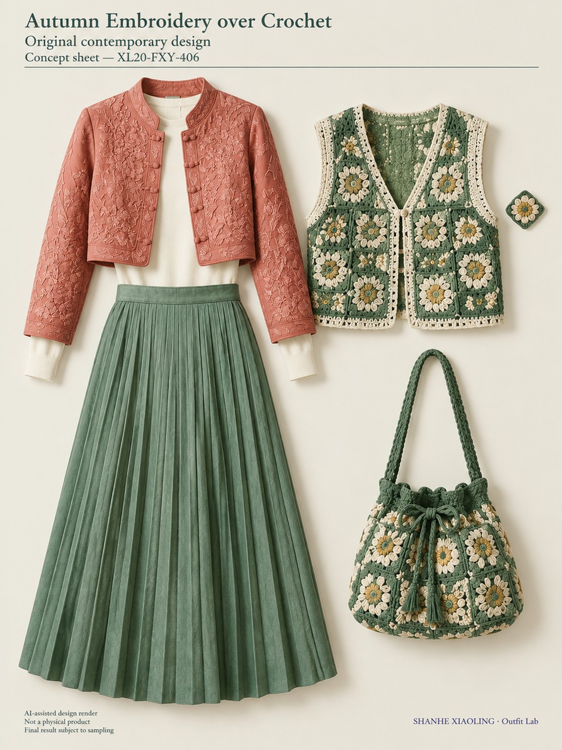 Autumn Embroidery over Crochet — Woven · Embroidery — Embroidery thread · ground cloth · Cotton-linen · Wool · Twill