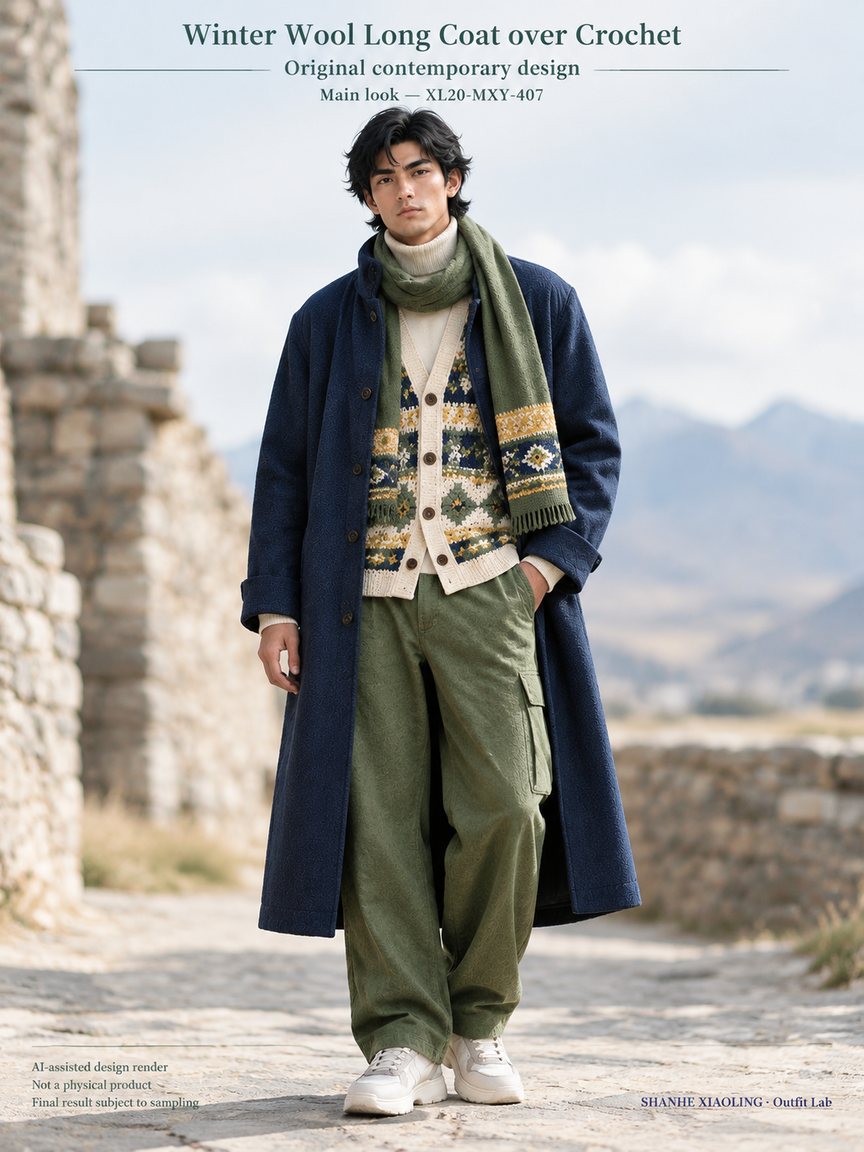 Winter Wool Long Coat over Crochet — Woven · Mixed — Cotton-linen · Wool · Twill · Yarn + cloth
