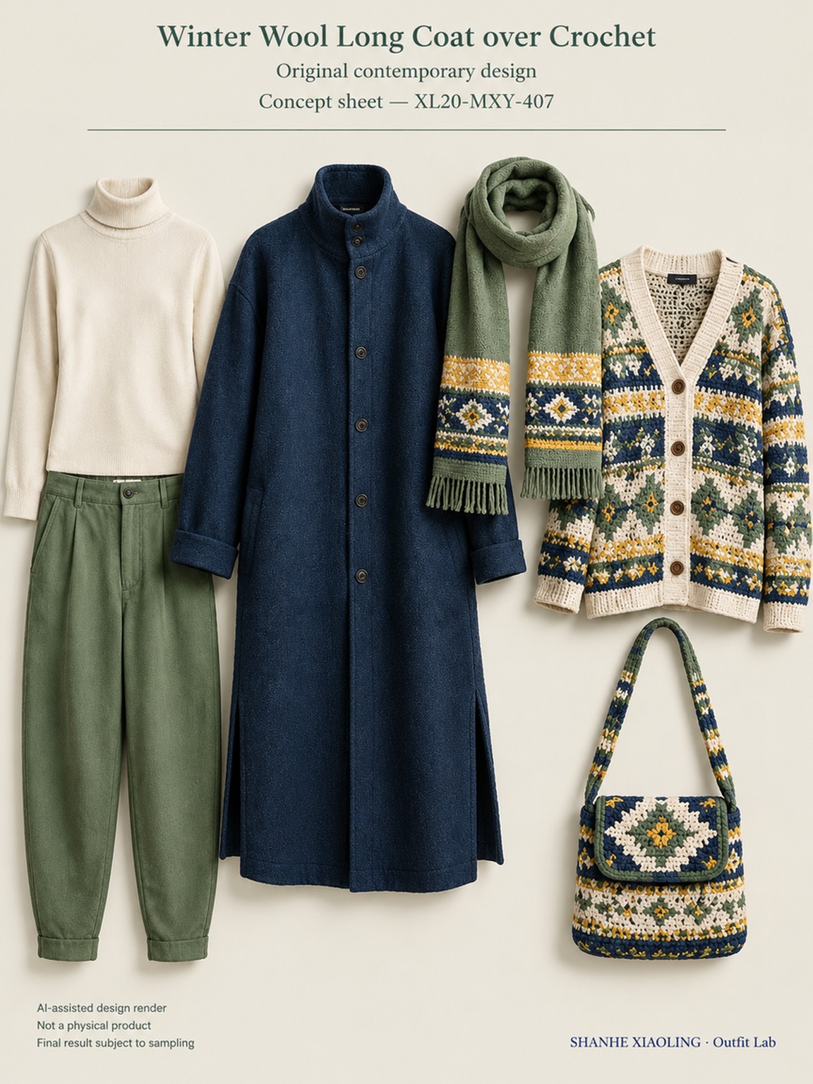 Winter Wool Long Coat over Crochet — Woven · Mixed — Cotton-linen · Wool · Twill · Yarn + cloth
